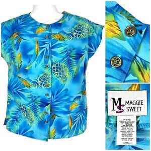 Maggie Sweet Garden Gates Womens Vtg Tropical Blouse size Small USA Polyester